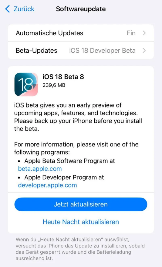 克孜勒苏柯尔克孜苹果手机维修分享苹果 iOS / iPadOS 18 开发者预览版 Beta 8 发布 